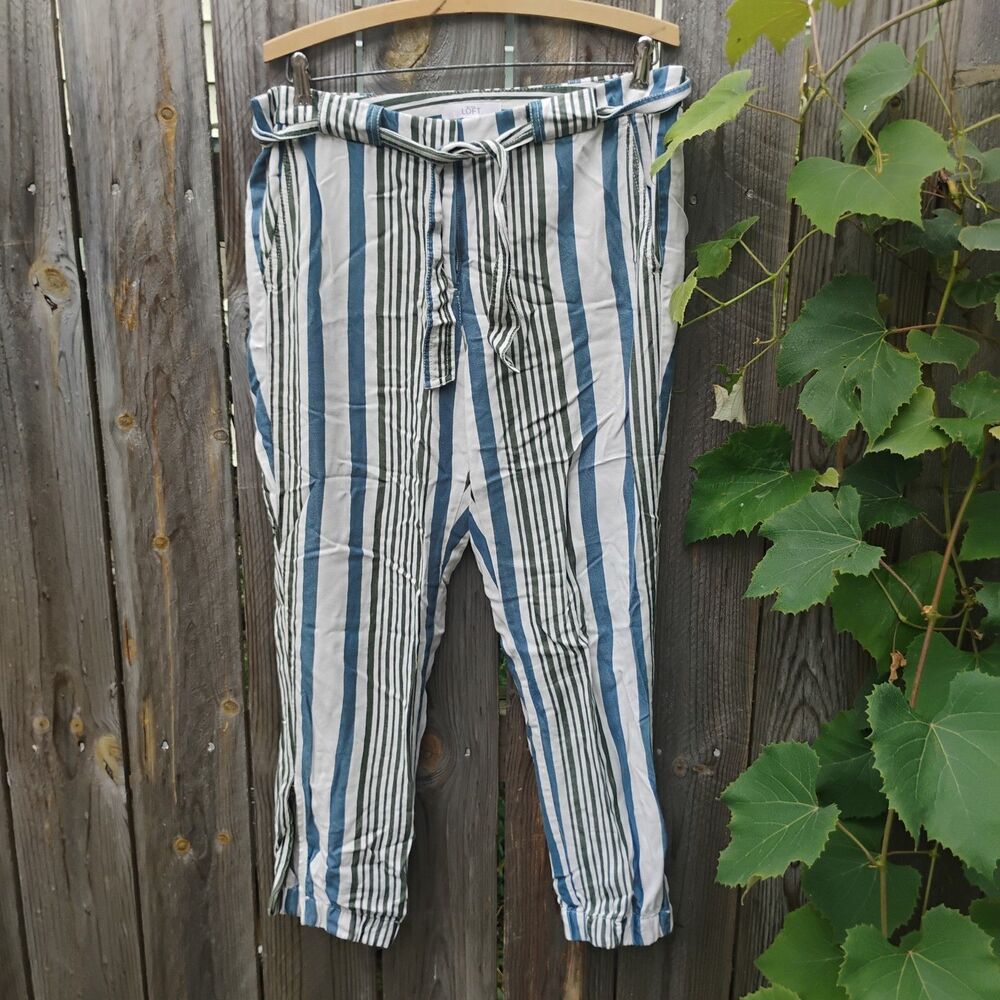 Ann Taylor LOFT Striped Utility Ankle Pants Size 8 Blue Green Belted Zip Hem